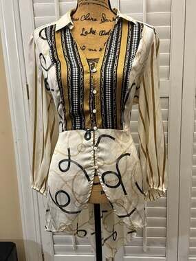 Cato Women's Chain and Mixed Print High-Low Button Down Shirt with Back Tie